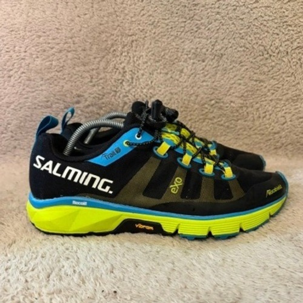 Salming Trail 5 Trail Running Shoes Mens Size 10 Black Yellow Blue Vibram EUC
